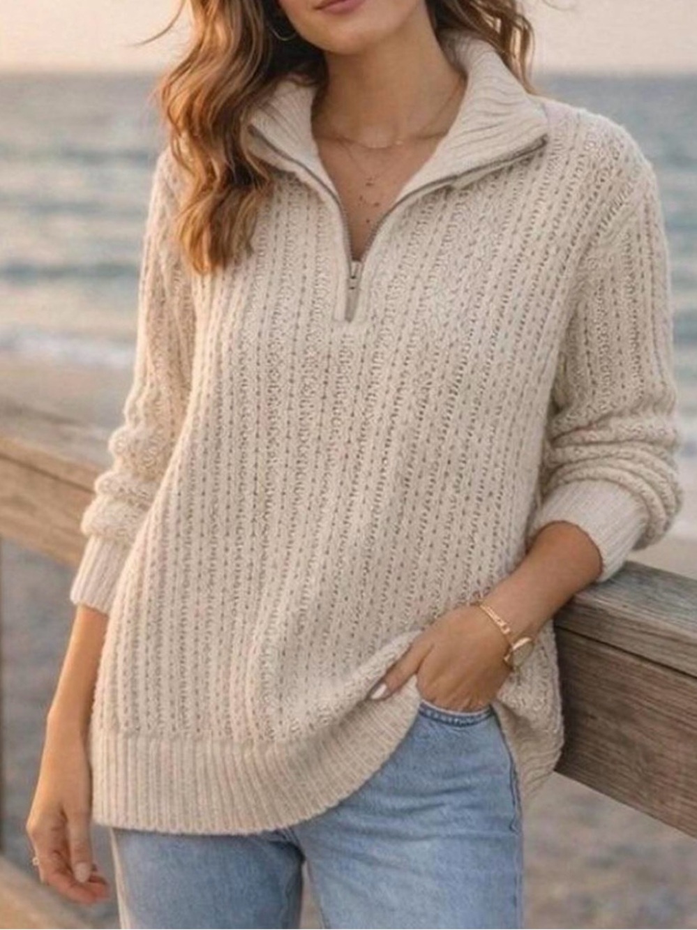 Chunky Knit Quarter Zip Sweater in Cream